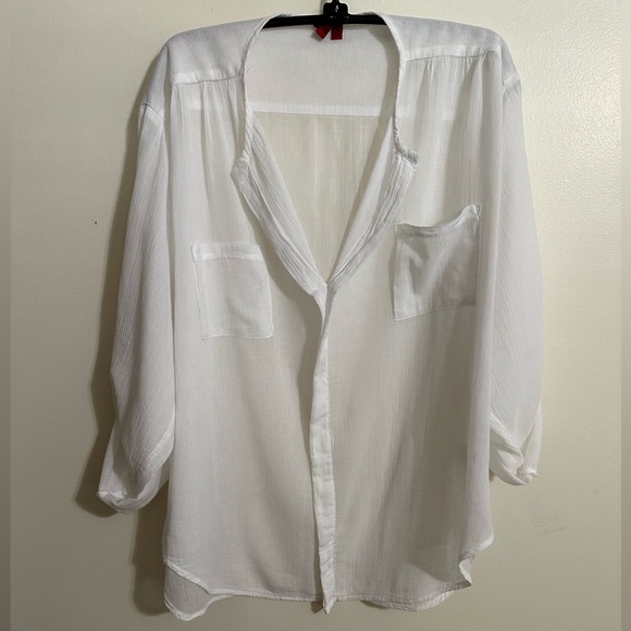 5148 Tops - 5148 Semi-Sheer White Crinkled Cotton Top With Roll-Up Button Tab Sleeves Size M